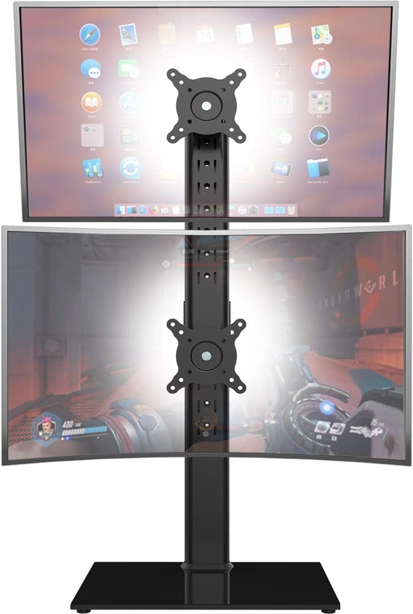 Hemudu Dual Monitor Stand - Vertical Stack Screen Free-Standing Riser Fits Two 13 To 34 Inch With Swivel, Tilt, Height Adjustable, Holds One (1) Up 20Kg Ht05B-002P