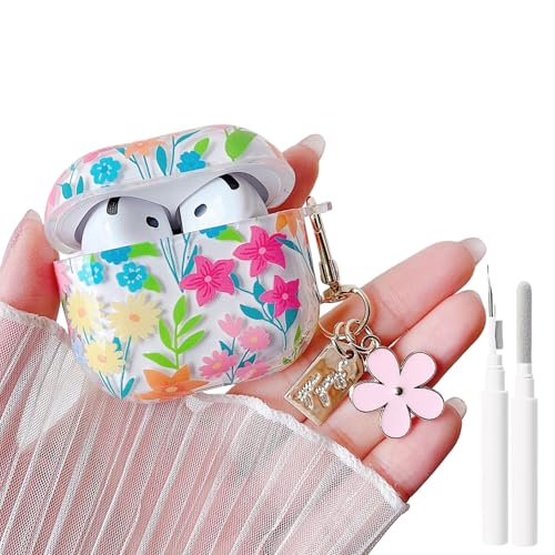 Image of MINSCOSE for AirPods 4 Clear Case,Cute Colorful Flowers Pattern Design with Girly Floral Keychain,Soft Silicone Protective Shockproof Cover with Cleaner Kit for Girls Women-Colorful