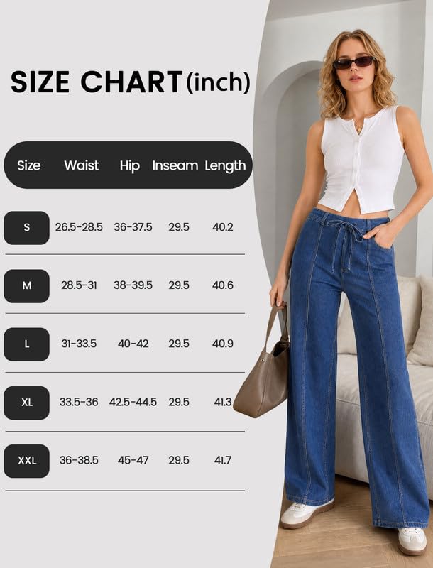 keriffe Women's Wide Leg Jeans Drawstring High Waisted Stretchy Denim Pants - image 7