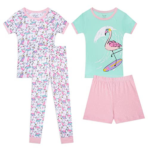 Rene Rofe Girls 4 Piece Snug Fit Cotton Pajama Pant and Short Sleepwear Set