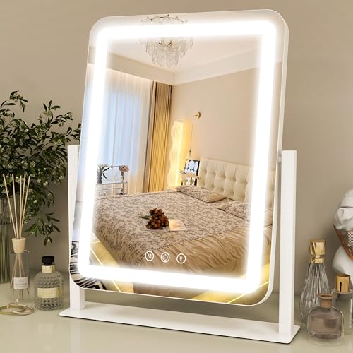 Image of ROLOVE Vanity Mirror with Lights 14.6x13 Inch, Smart Touch Control, 3 Color Lighting Modes, Table Top Mirror with Stand for Bedroom
