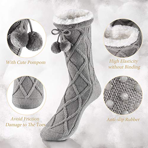 SATINIOR 3 Pairs Women Slipper Socks Fleece Lined Winter Fuzzy Tall Socking with Pompom (Light Gray, Black, Navy)3