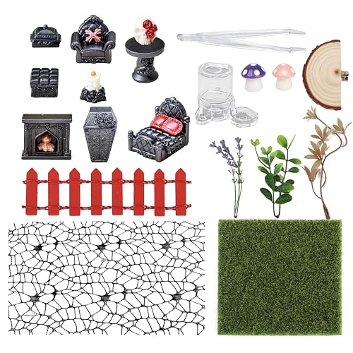 LEIZHENZI 20Pcs Jumping Spider Enclosure Accessories Kit Gothic Mini Furniture & Decor Set for Tarantula Habitat Includes Feeder Ledge Hideout Climbing Net Plants Mushrooms (No Glue No Tank)