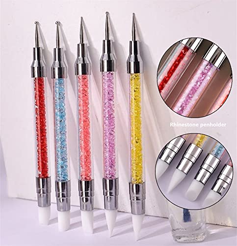 Fulinjoy 5Pcs Dual-Ended Nail Art Sculpture Pen Dotting Tools, Silicone Nail Polish Brushes Stainless Steel Carving Drawing Dotting Tool, Acrylic Rhinestone Handle, Nail Art Tools #TOP4