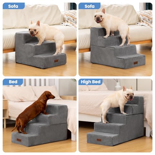 Image of Aodisman Dog Stairs for Small Dogs & Cats,3-Step Pet Steps for Couch & Bed | High-Density Foam Dog Steps with Anti-Slip Bottom,Easy for Puppies,Older Cats & Dogs to Reach Sofas & Chairs,Grey,13.6 inch H