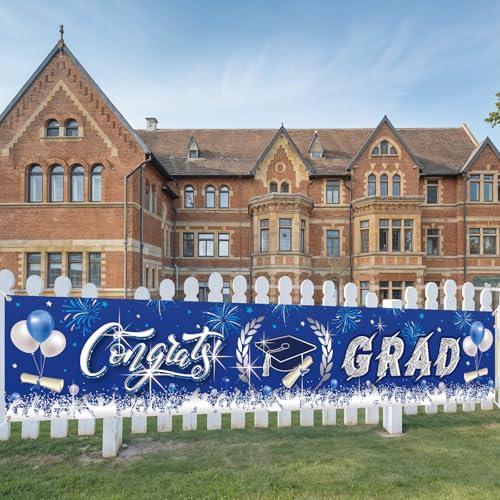 Image of Graduation Decorations, Graduation Banner 2026, Blue and Silver Banner, Large Class of 2026 Party Decoration, Congrats Grad Backdrop Yard Sign for Senior Commencement Indoor Outdoor Wall Yard 300*50cm