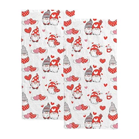 Vantaso Bath Hand Towels Set of 2 Valentine Gnome Love Heart Red Soft and Absorbent Washcloths Kitchen Hand Towel for Bathroom Hotel Gym Spa Cover