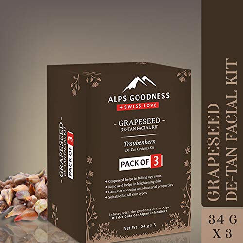 Image of Alps Goodness Grapeseed De-Tan Facial Kit - Pack of 3 (34 g x 3) - Helps Fade Age Spots & Sun Damage, Imparts Skin Brightness - Cruelty Free
