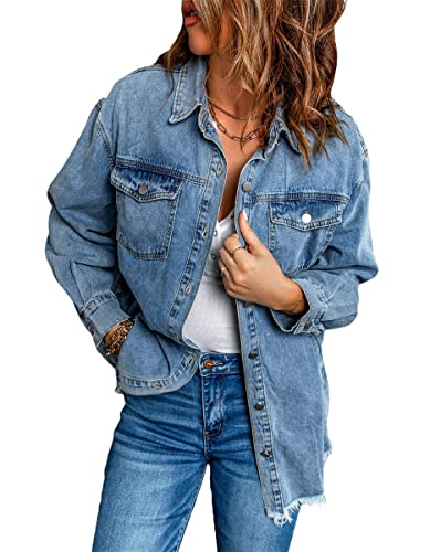 chouyatou Women's Distressed Oversize Frayed Hem Trucker Denim Jean Jacket Shirt Shacket