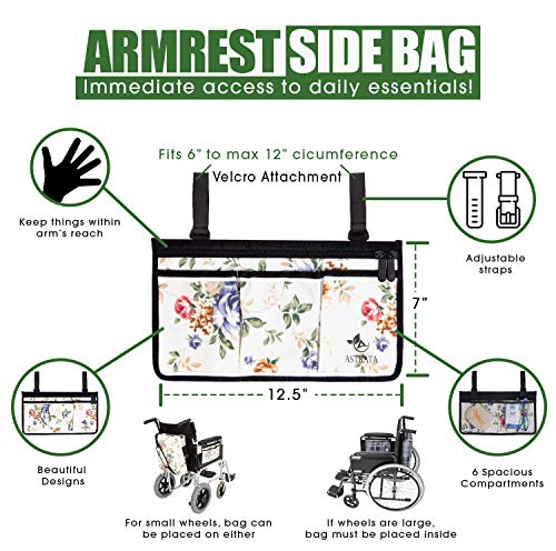 Two Bags Wheelchair Accessories by Astrata - Backpack Storage and Armrest Side Organizer - Lightweight Wheelchair Rollator Walker Bag - Organizers and Storage Travel Items (Floral) - Thumbnail 3