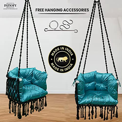 Image of Patiofy Premium C Shape Swing for Balcony /Swing for Adults for Home for Indoor and Outdoor /Jhula for Adults with Full Body Cover Blue Cushion (Black)