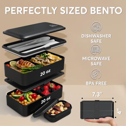 Image of Umami Bento Box Adult All-In-1 w /4 Utensils, Big Sauce Jar, 2 Dividers, 100% Leakproof, Microwave & Dishwasher Safe, Stackable Bento Lunch Box Containers for Men /Women, Matte Black, 40 oz