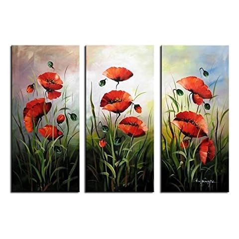 Noah Art-Modern Flower Art, Red Poppies Spring Flowers Picture 100% Hand Painted Flower Oil Paintings on Canvas Wall Art, 3 Piece Framed Floral Paintings for Bedroom Wall Decor, 12x30inch x 3 Cover