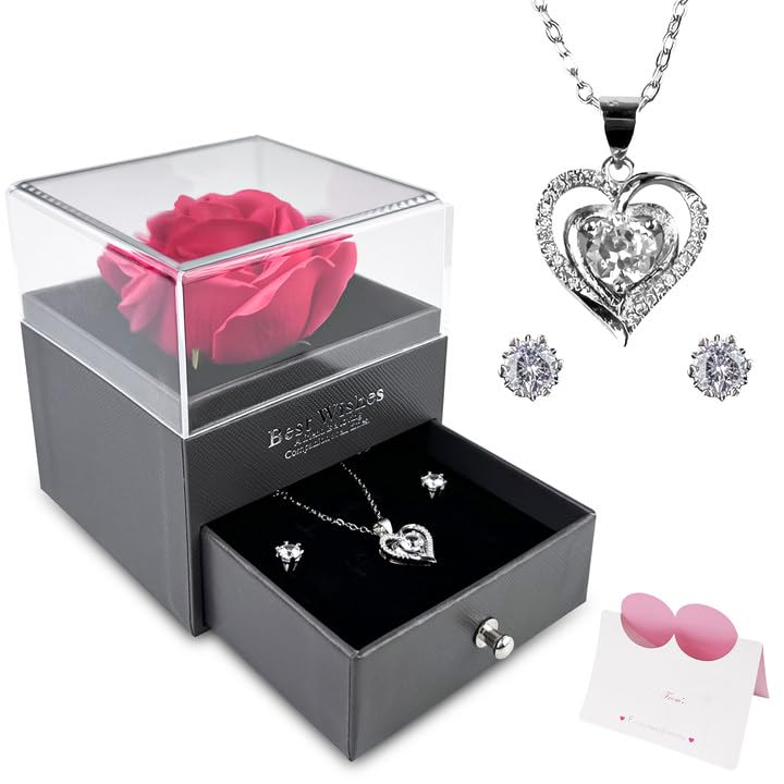 Rseuphiee Ewige Rose, Konservierte Rose, Rosenbox, Infinity Rosen Box, Ewige Rose mit Kette Silber, Exquisiten Geschenkbox, für Valentinstag, Muttertag, Jahrestag, Geburtstagsgeschenk