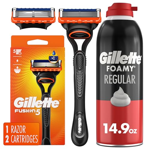 Gillette Fusion5 Razor for Men, Handle + 2 Razor Blade Refills with Gillette Foamy Classic Shave Foam for Men, Protection Against Shaving Irritation, Quick and Smooth Shave, shaving cream, 14.9 Oz