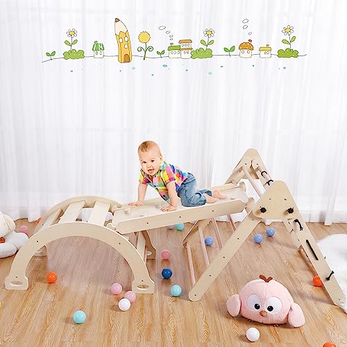 Toddler Indoor Gym Playset, 3-in-1 Wooden Climbing Toys, Triangle Folding Climbing for Climbing & Sliding for Boys and Girls,18M+
