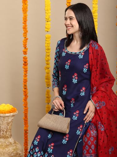 Image of GoSriKi Women's Rayon Blend Straight Printed Kurta with Pant & Dupatta