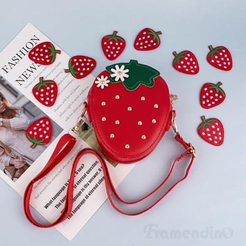 Framendino, Strawberry Shape Leather Purse Small Red Strawberries Cross Body Bag with 10 Patches Fruit Shoulder Bags for Women4