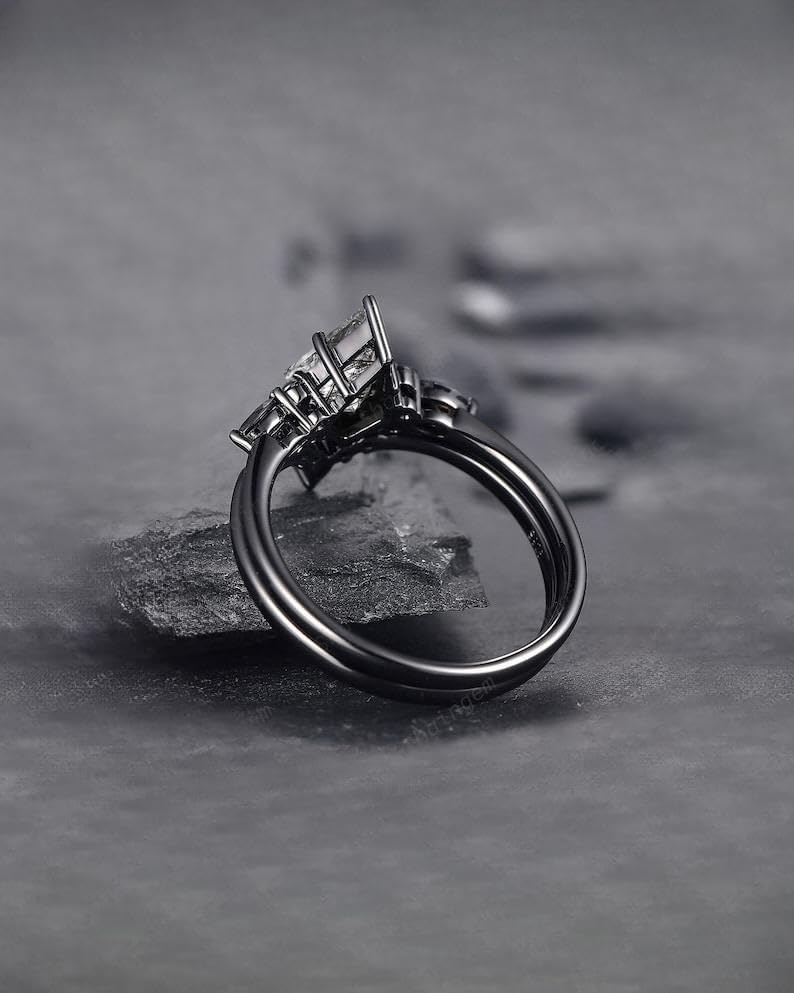 Black Gold Kite Cut Black Rutilated Quartz Engagement Ring Set, Witchy Black Promise Ring, Black Wedding Ring Set, Goth Black Bridal Set