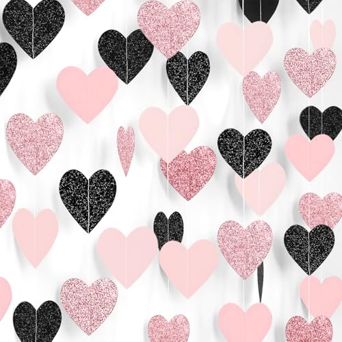 Image of Rose-Gold Pink and Black Birthday Decorations Streamers - 39FT Baby Girls Hanging Heart Garland Banner Christmas Wedding Engagement Bachelorette Bridal Shower Backdrop Graduation Decor