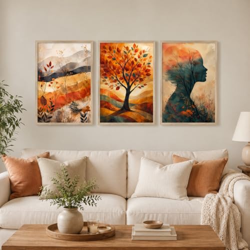 Image of Livin'luxe Set of 3 Abstract Autumn Tree Women Wall Paintings for Living Room Dining Bedroom Decor with Premium Wooden Color Synthetic Frame (25.5 x 19.5 Inch) NM03-89