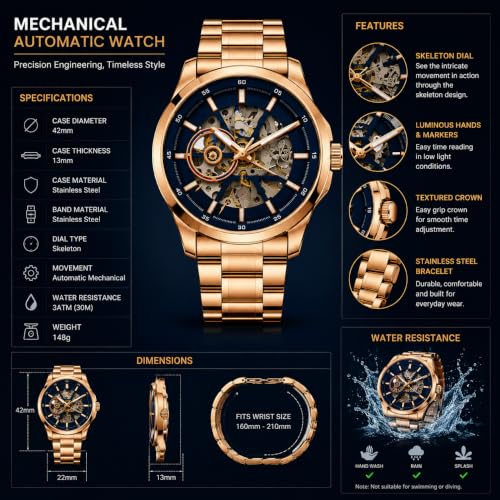 Image of Automatic Watches for Men Gold Watch Skeleton Analog Watch with Blue Dial, Mechanical Wrist Watch, Stainless Steel Chain Strap, Luxury Watches for Men, Classic Waterproof Timepiece