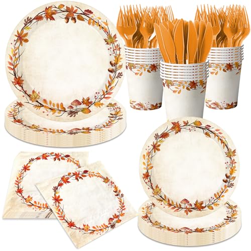 Fall Paper Plates and Napkins 144Pcs Watercolor Fall Party Decorations Vintage Autumn Leaves Thanksgiving Disposable Dinnerware for Autumn Birthday Thanksgiving Party Decorations