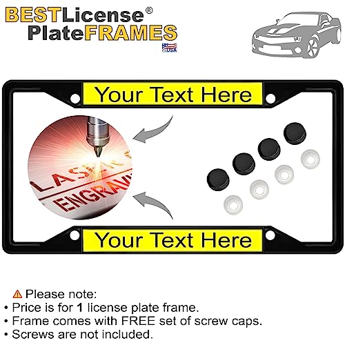Image of Personalized with Custom Text Design - 4 Hole Black Metal Laser Engraved US Standard Size - Car License Plate Frame with Free caps - Yellow /Black Text (Qty: 1 Frame)