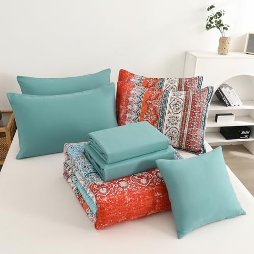 Image of Cottolester Boho Full Comforter Set 8 Pieces, Terracotta Comforter Bohemian Striped Bed in A Bag,Soft Microfiber Bedding Set for All Seasons