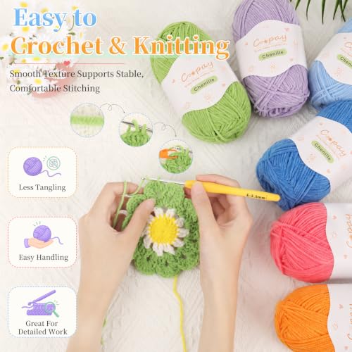 Image of Coopay 20 Colors Skinny Chenille Yarn for Crochet & Creative Craft Projects | Sport Weight Yarn Set (#2) - 1.76oz /156yds Each, Soft Crochet Yarn for Dolls, Blankets, Decorative Handmade Works