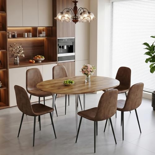 Image of Round Dining Table Set for 6, 42 inch-54 inch Extendable Round to Oval Dining Table, Mid-Century Modern Kitchen & Dining Room Set with Wood Grain Top and 6 Upholstered Chairs, Space-Saving, Easy Assembly