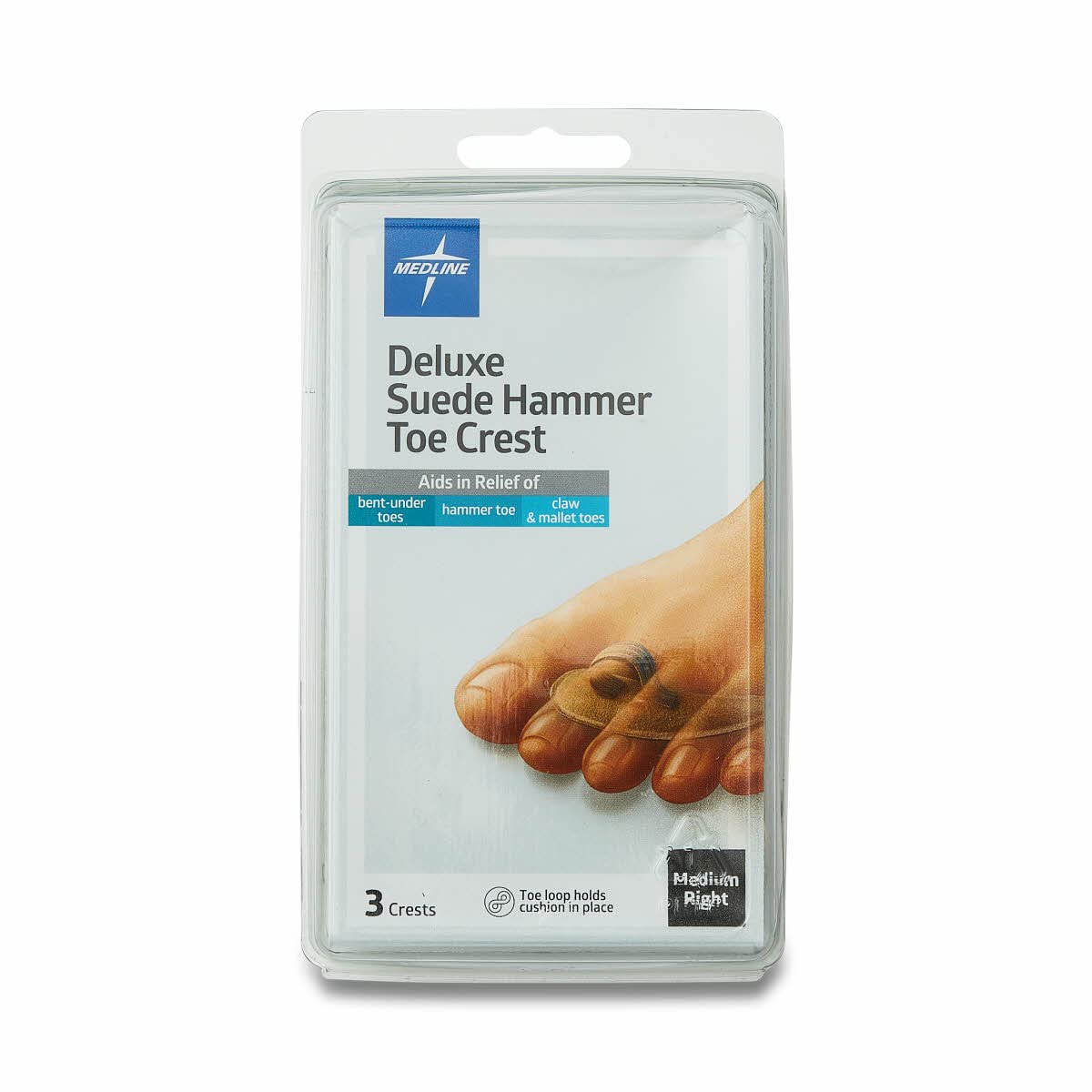 Medline Hammer Toe Crest, Deluxe Suede, Right, Size Medium, Pack of 3