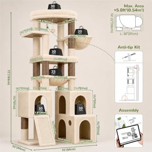 Image of Globlazer Tall Cat Tower for Indoor Adult Cats, 72-inch, S72G, Beige | Heavy Duty Cat Tree House for Big Cats with 2 Extra-Large Padded Platform, 7 Sisal Scratching Posts, 3 Large Condos