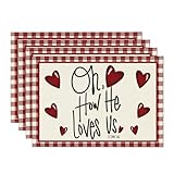 Artoid Mode Valentine's Anniversary Placemats Set of 4, 12x18 Inch Oh How He Loves Us Place Mats for Party Dining Table Decoration