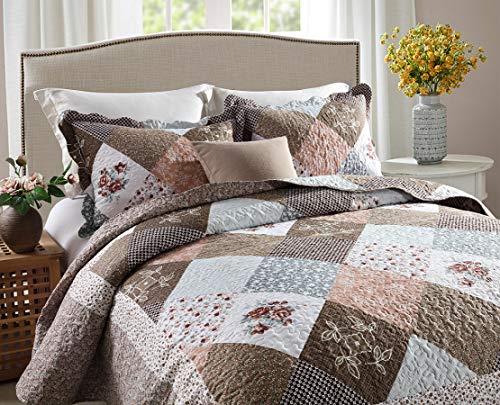 Qucover 3 Piece King Quilts Sets, Antique Chic Brown Polyester Quilt Bedspread Bedding Sets, Bed Spread Quilt Comforter King Size, 98X106 Inch #TOP1
