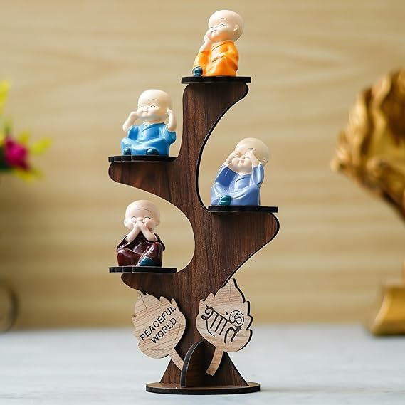 Image of Precious Art Gifts Buddha Monk Under Tree Showpiece Set of 4 for Home Decor | Monk Tree Statue with Wooden Stand | Meditation Buddha Figurines | Spiritual Gift & Office Table Decor