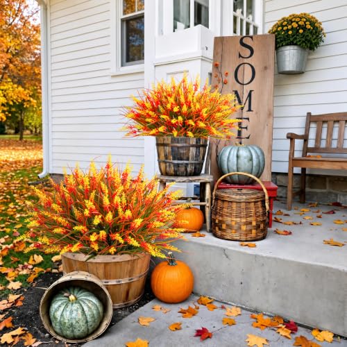 Image of Bassion 24 Bundles Fake Lavender Artificial Fall Mums Flowers for Outdoors | UV resistant, plastic flowers, faux lavender with monkey grass, porch garden planters window box autumn home decorations