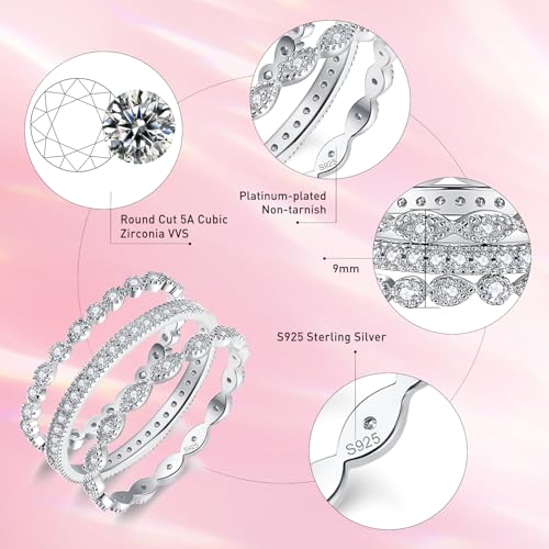 3 PCS 925 Sterling Silver Stackable Engagement Rings Set Cubic Zirconia Eternity Bands Wedding Promise Rings for Women Size 5-102