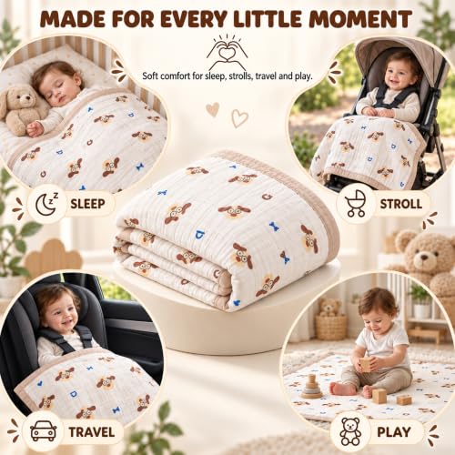 Image of StarAndDaisy Muslin Cotton Blanket 110 x 110 cm, Soft Lightweight Blanket with Cute Puppy Print, Breathable Muslin Wrap for Newborns, Infants and Toddlers.
