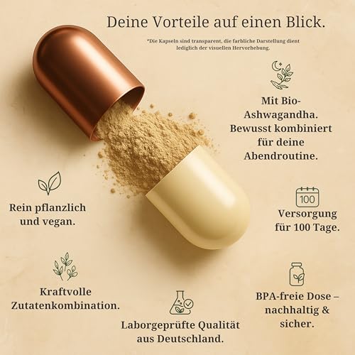 Herbalist Entspannung Komplex – Ashwagandha mit Baldrian, Melisse, Kamille, L- Theanin und Hopfen, 100 vegane Kapseln, ohne Koffein
