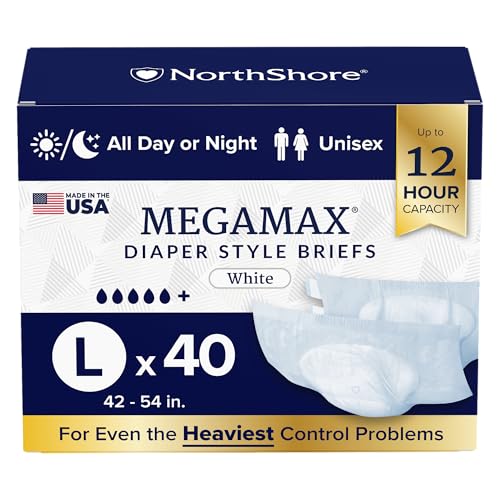 NorthShore MegaMax Made in USA Adult Overnight Diapers, 12-Hour Tab-Style, Large, 40 Count Case, White, 42-54 inches, Unisex Incontinence Underwear