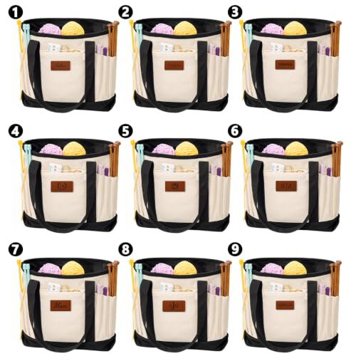 Image of Personalized Crochet Bag with Custom Leather Patch or Embroidered Name, Canvas Knitting Tote for Yarn Storage, Crochet Organizer with Multiple Pockets, Custom Gift for Crocheters & Knitters