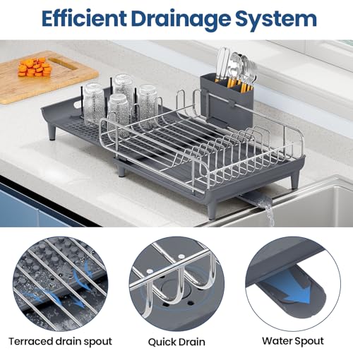 Image of NTD Expandable Dish Drying Rack for Kitchen Counter, 16.7 inch-26.8 inch, Gray | Large Multifunctional Dish Drainers, Anti-Rust, with Cutlery & Cup Holders, Self-Draining Drainboard, FIts for 4-5 People