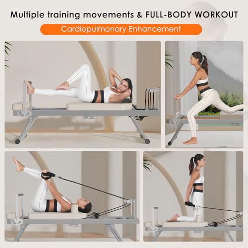 soges Foldable Pilates Reformer Machine for Home Gym, Pilates Workout Equipment for Beginner, Cardio Fitness High Strength Rebounder, Up to 300 lbs Weight Capacity,Beige&Silver