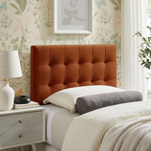 Image of Modway Lily Twin Size Stain-Resistant Performance Velvet Headboard in Rust - Velvet Upholstery with Button Tufting and 4 Adjustable Height Positions