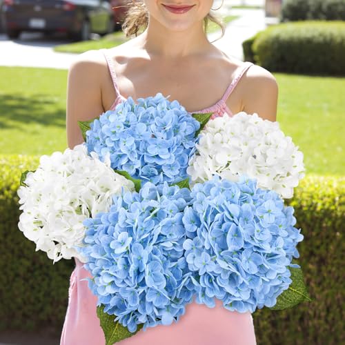 Image of Bassion 4 Pcs 21 inch Blue White Hydrangea Artificial Flowers for Decorations