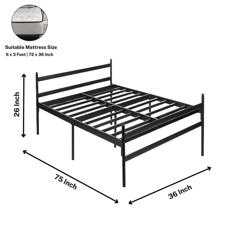 Image of Aiden Metal Bed Extra Size Without Storage | Wrought Iron Extra Single Cot Bed for Bedroom with Headboard and Footboard | Matte Finish Black (75x36)