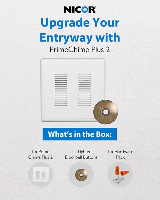 Image of PrimeChime Plus 2 Electric Doorbell Kit - Doorbells for Home - Includes Selectable Ring Chimes - Stucco Button, Antique Brass - NICOR Lighting
