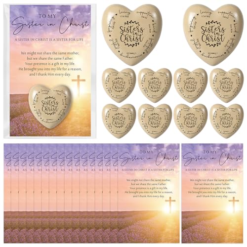 CraftyDream 12 Sets Sisters in Christ Gift for Women Bulk Bible Verse Mini Wooden Heart Token Pocket Hug with Blessing Card Religious Catholic Gift for Church Secret Sister Best Friend Sunday School