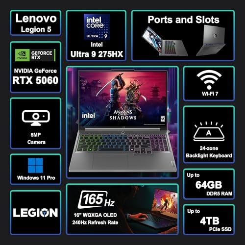 Legion 5 Gaming AI Laptop 16" WQXGA 2560x1600 240Hz (100% DCI-P3, 500nits) Intel 24-core Ultra 9 275HX 32GB RAM 1TB SSD GeForce RTX 5060 (fino a 572 AI Tops) RGB retroilluminato Harman Win1 Hub - Notebook - Immagine 2
